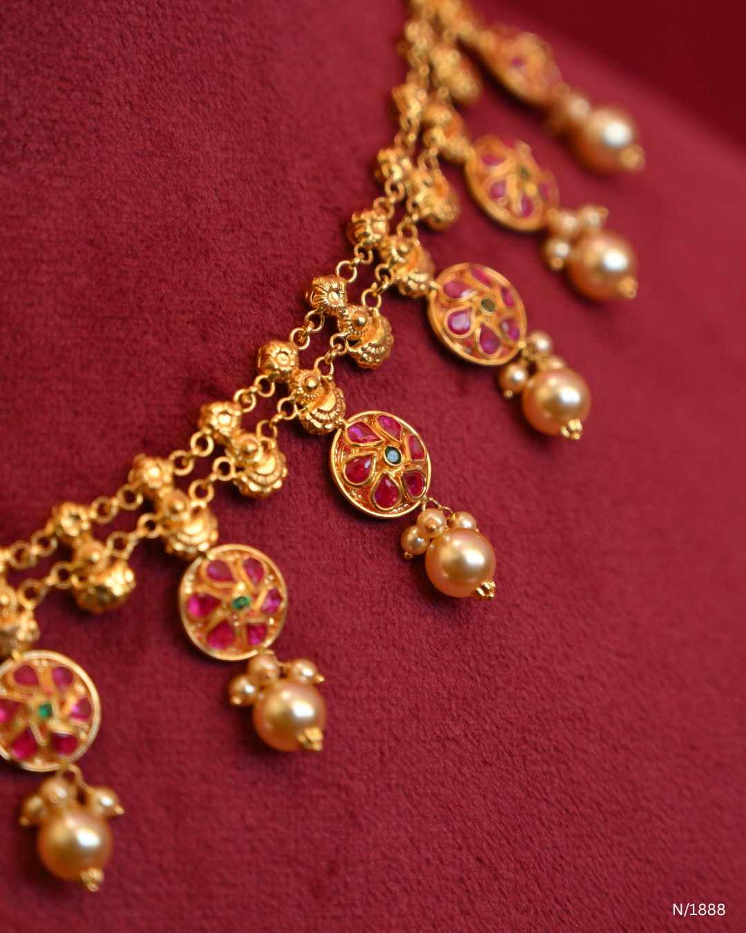 Traditional Lakshmi Kasumala Temple Necklace with Central Filigree Medallion & Pearl Drops | SKU: N/1888