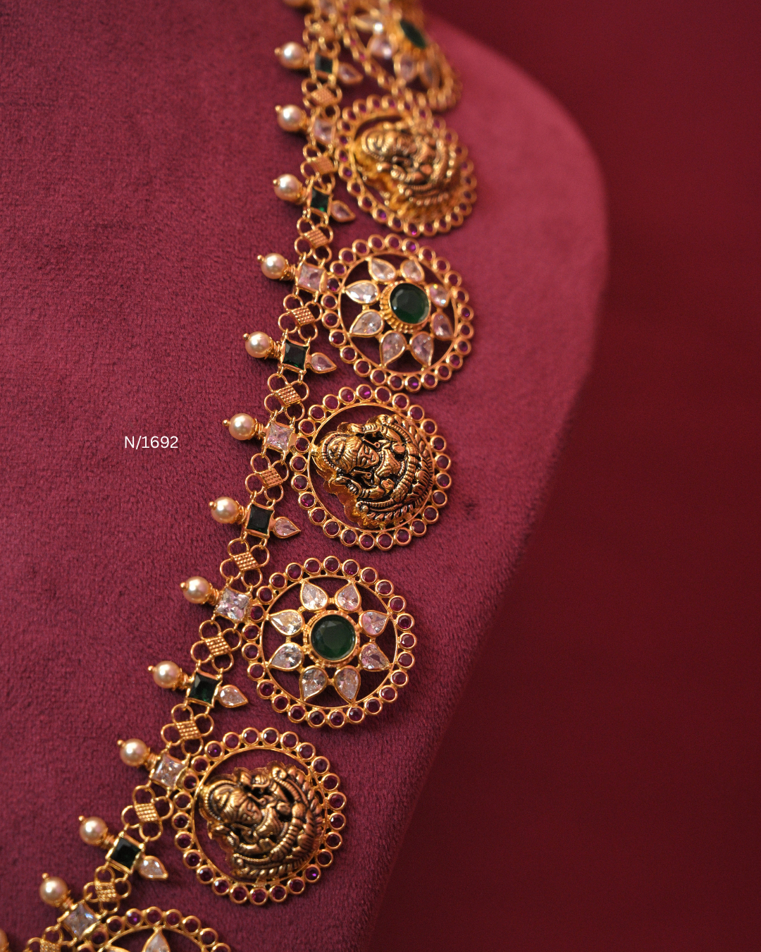 Goddess Lakshmi Nakshi Medallion Long Haram with Emeralds, Rubies & CZ Polki | SKU: N/1692
