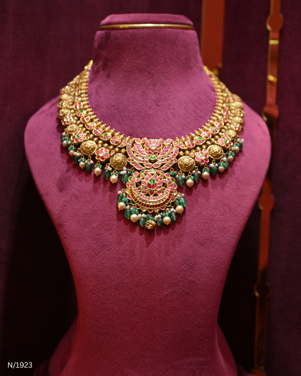Polki, Ruby, Emerald & Pearl Bridal Statement Necklace | SKU: N/1923