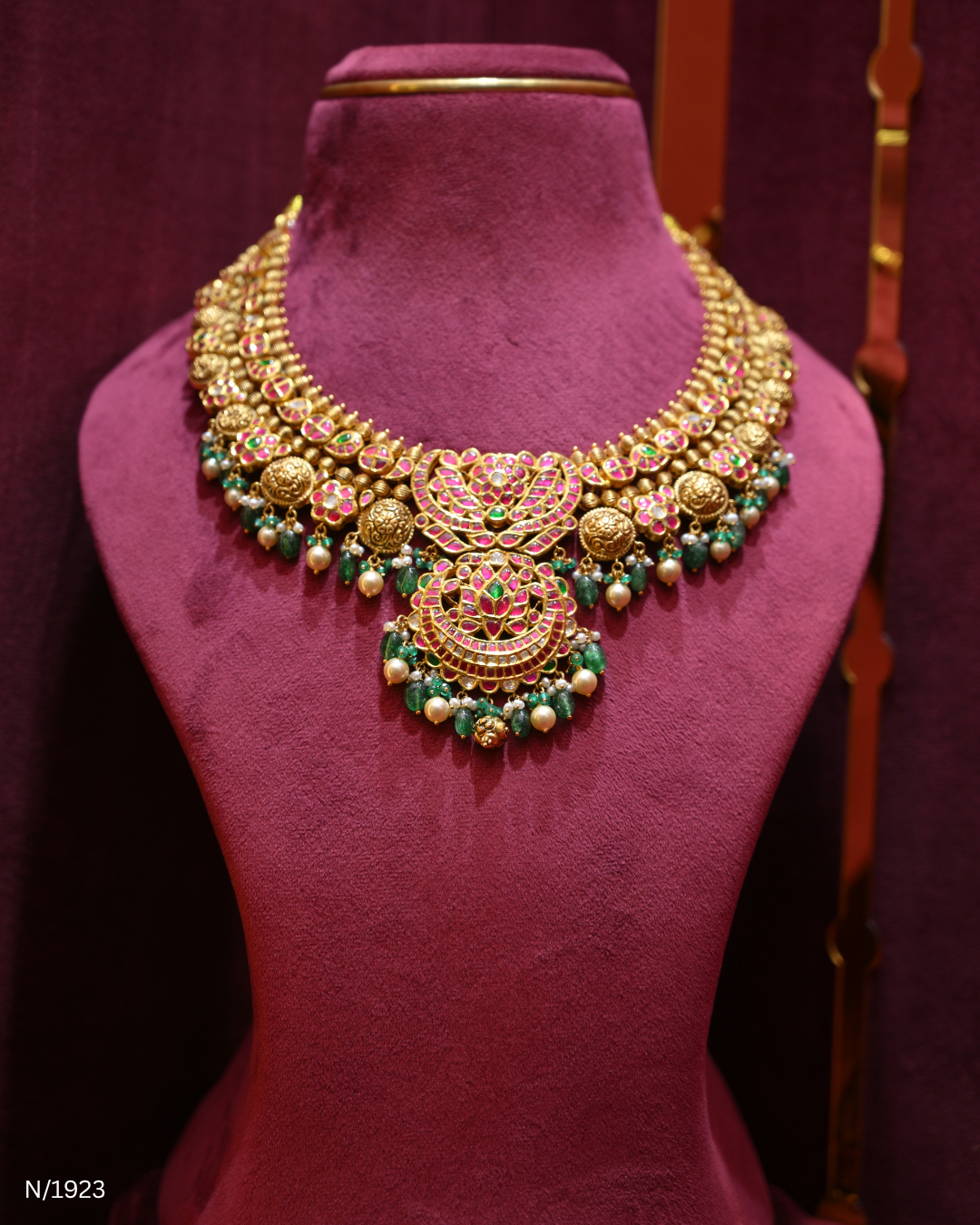 Polki, Ruby, Emerald & Pearl Bridal Statement Necklace | SKU: N/1923