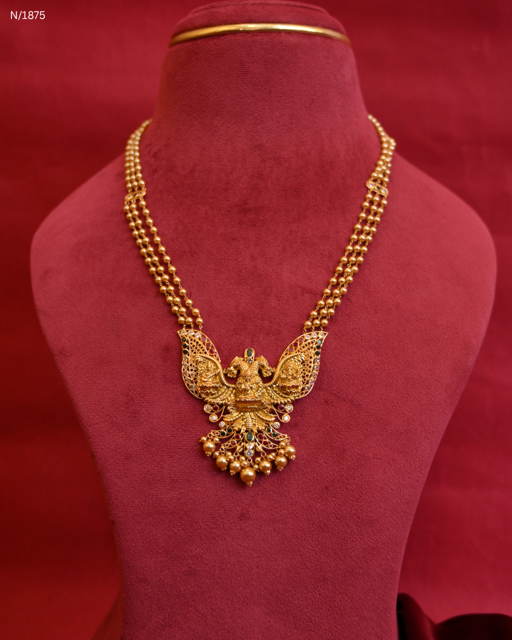 Traditional Triple-Layered Ball Chain Temple Necklace with Goddess Lakshmi & Peacock Pendant | SKU: N/1875