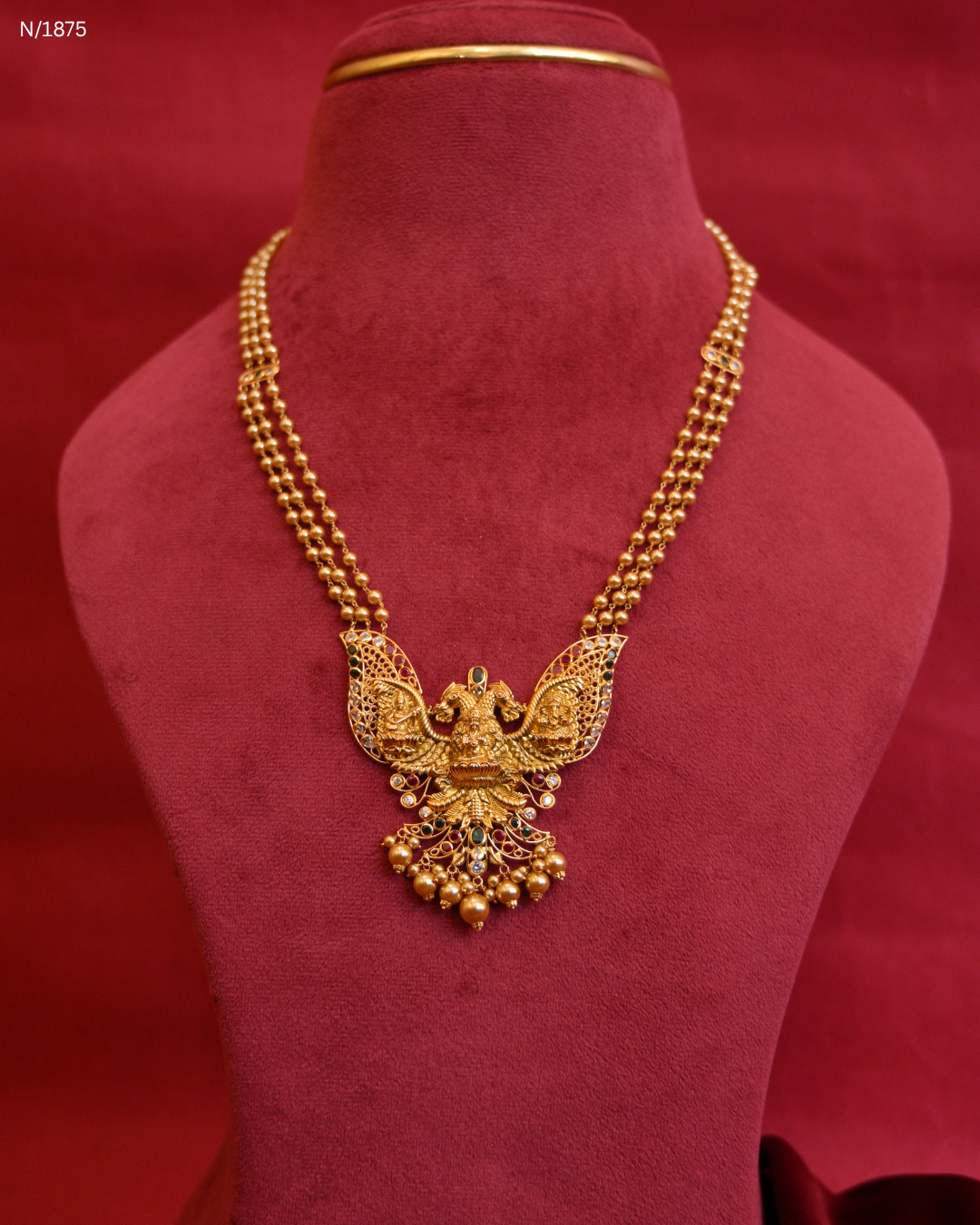 Traditional Triple-Layered Ball Chain Temple Necklace with Goddess Lakshmi & Peacock Pendant | SKU: N/1875