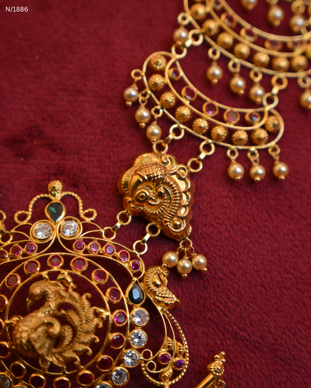 Grand Peacock Nakshi Temple Haram with Multi-Strand Pearls & Emerald Tassels | SKU: N/1886