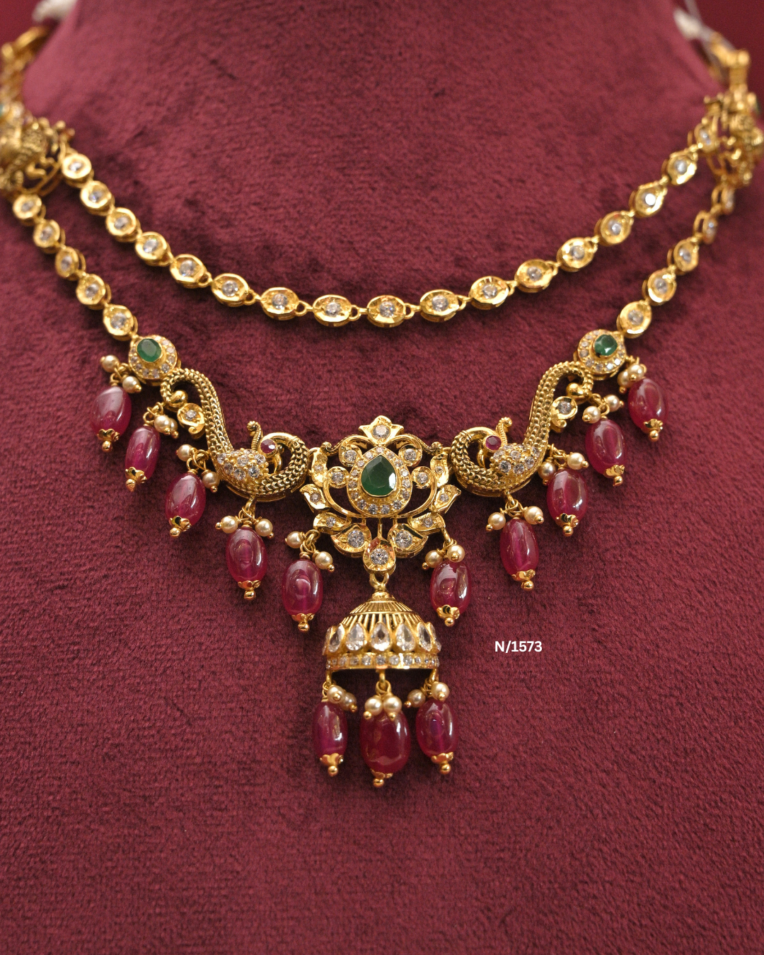 22kt Gold Peacock & Jhumka Step Necklace with Ruby Ovals | 21.480g | SKU: N/1573