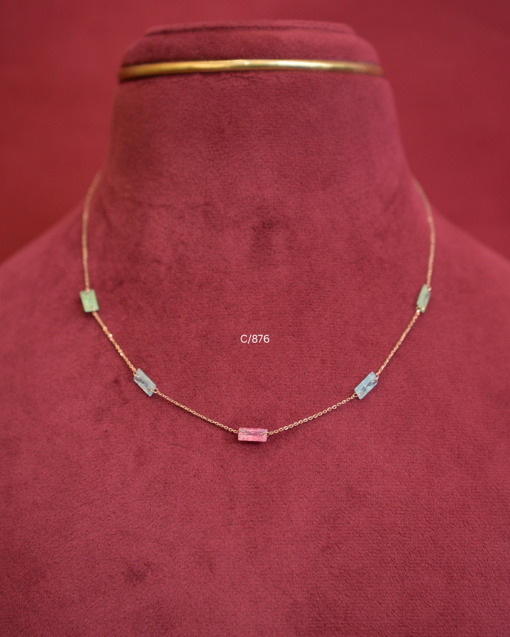Multi-Color Pastel Baguette Gemstone Station Necklace |SKU: C/876