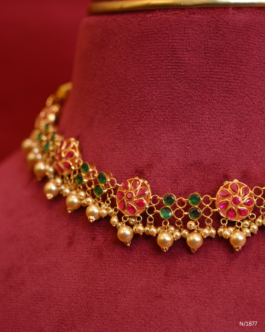 Goddess Lakshmi & Ruby Cabochon Temple Choker Necklace with Pearl Drops | SKU: N/1877