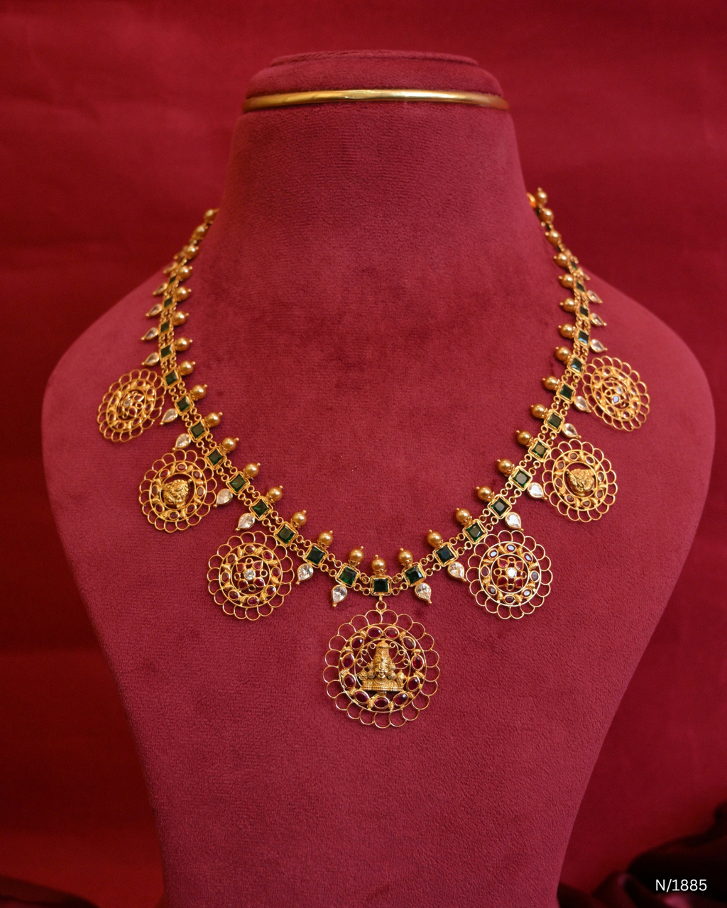 Goddess Lakshmi Temple Haram with Square Emerald Stations & Ruby-Studded Filigree Medallions | SKU: N/1885