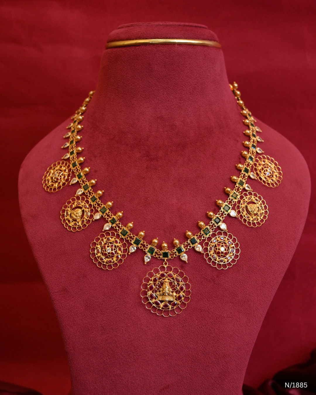 Goddess Lakshmi Temple Haram with Square Emerald Stations & Ruby-Studded Filigree Medallions | SKU: N/1885