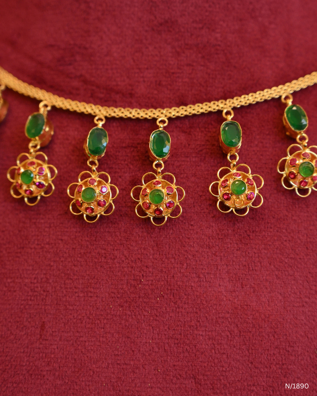 Traditional Emerald Station & Floral Ruby Cluster Dangle Choker Necklace | SKU: N/1890