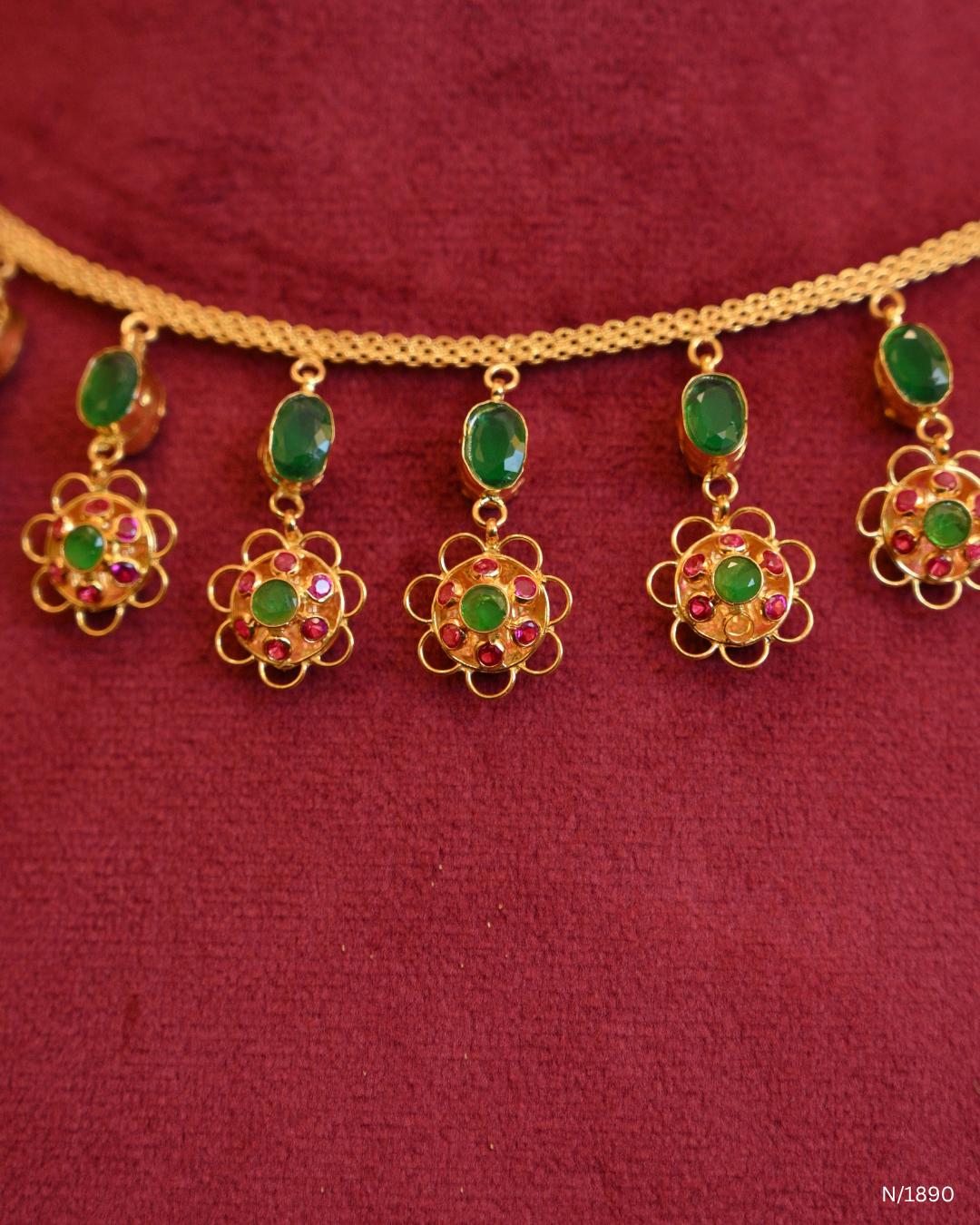Traditional Emerald Station & Floral Ruby Cluster Dangle Choker Necklace | SKU: N/1890