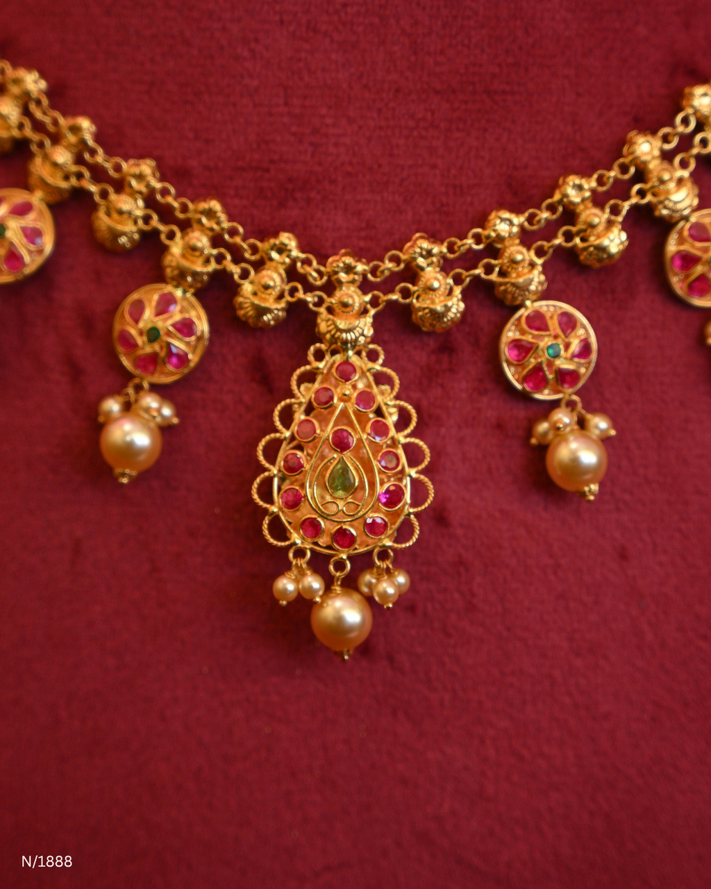 Traditional Lakshmi Kasumala Temple Necklace with Central Filigree Medallion & Pearl Drops | SKU: N/1888