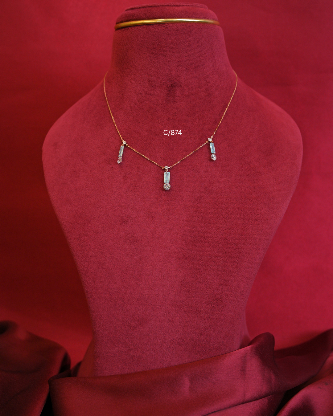 Light Blue Gemstone & CZ Geometric Triple-Drop Station Necklace | SKU: C/874