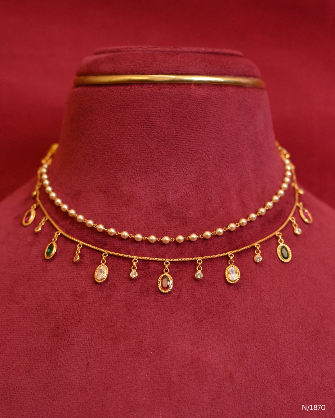 Double-Strand Pearl & Gemstone Drop Dangle Choker Necklace | SKU: N/1870