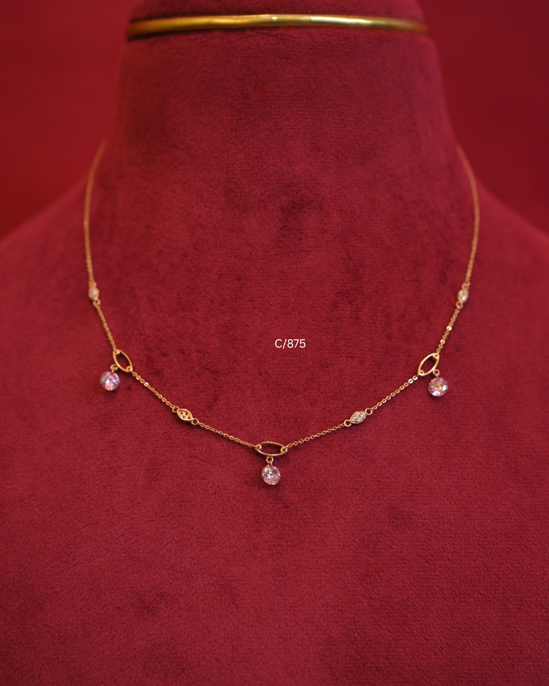 18kt Gold Pink Gemstone & CZ Oval Station Drop Necklace |SKU: C/875