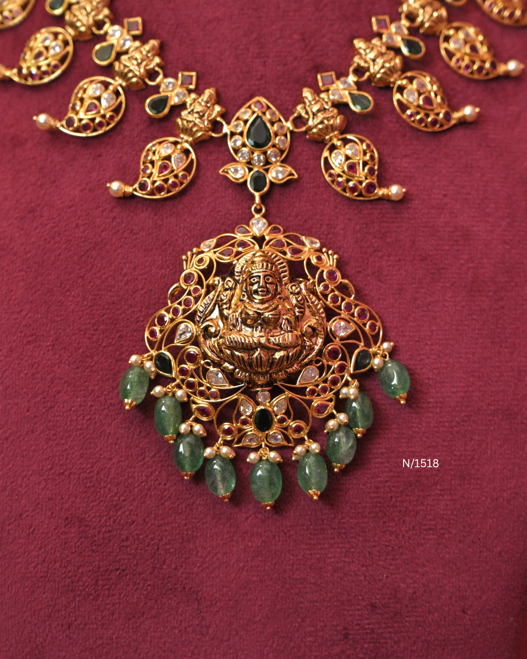 Lakshmi Nakshi Temple Pendant Mango Mala Necklace with Rubies, Emeralds & Tumbled Bead Drops | SKU: N/1518