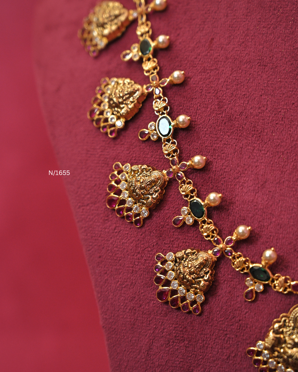 Lakshmi Nakshi Cascading Temple Haram with Emerald Stations & Ruby Fringe | SKU: N/1655