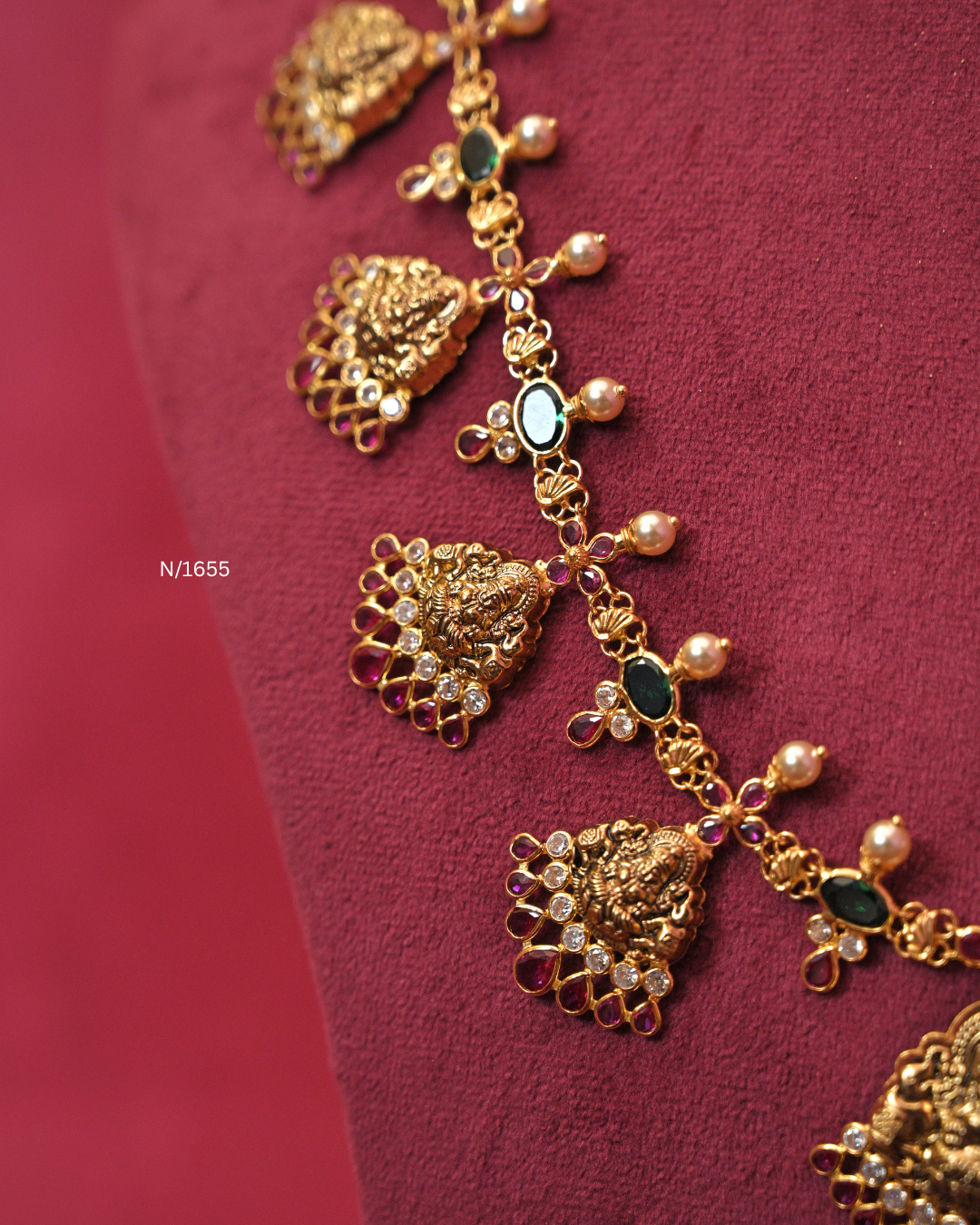 Lakshmi Nakshi Cascading Temple Haram with Emerald Stations & Ruby Fringe | SKU: N/1655