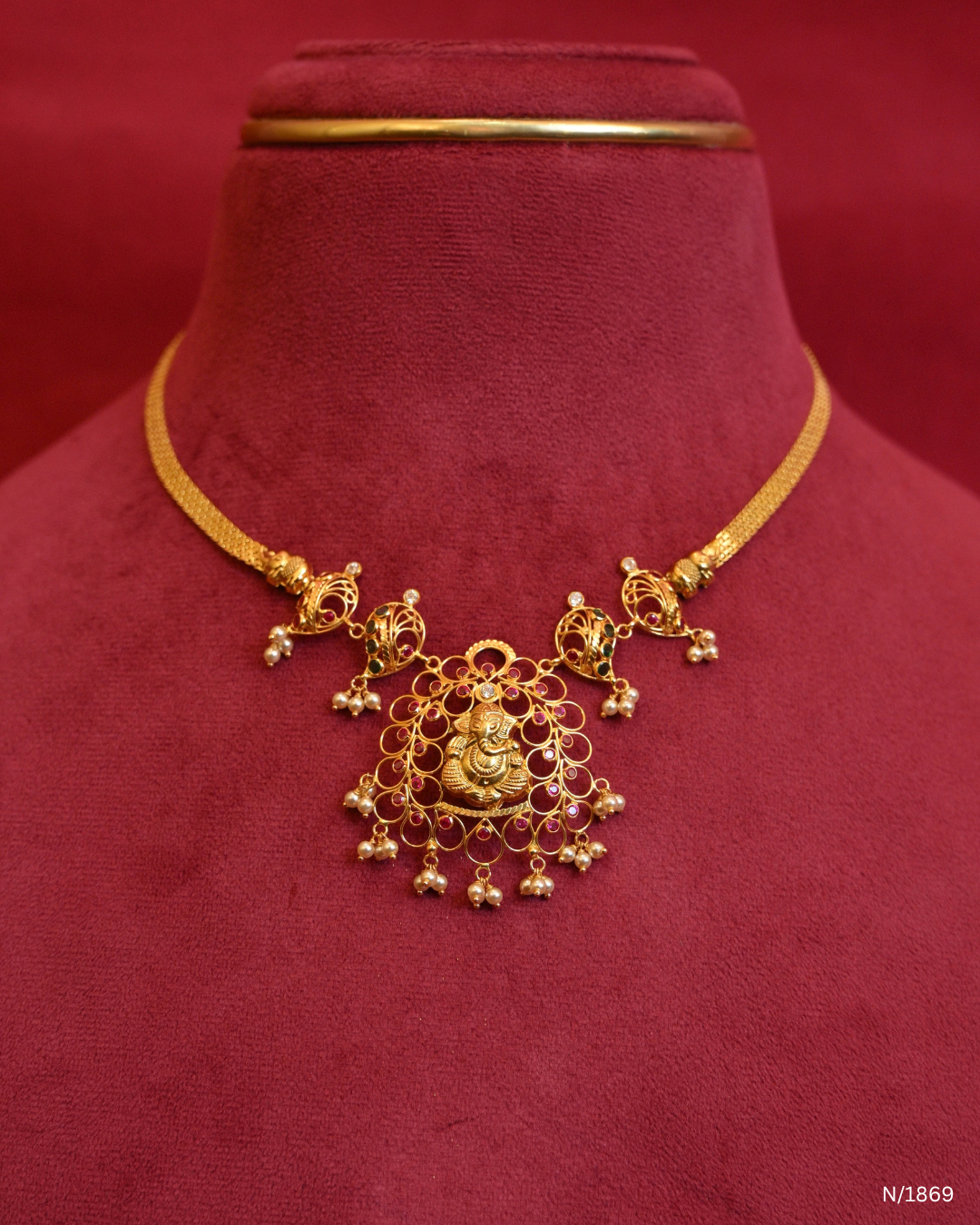 Lord Ganesha Openwork Temple Necklace with Ruby Accents & Seed Pearl Drops | SKU: N/1869