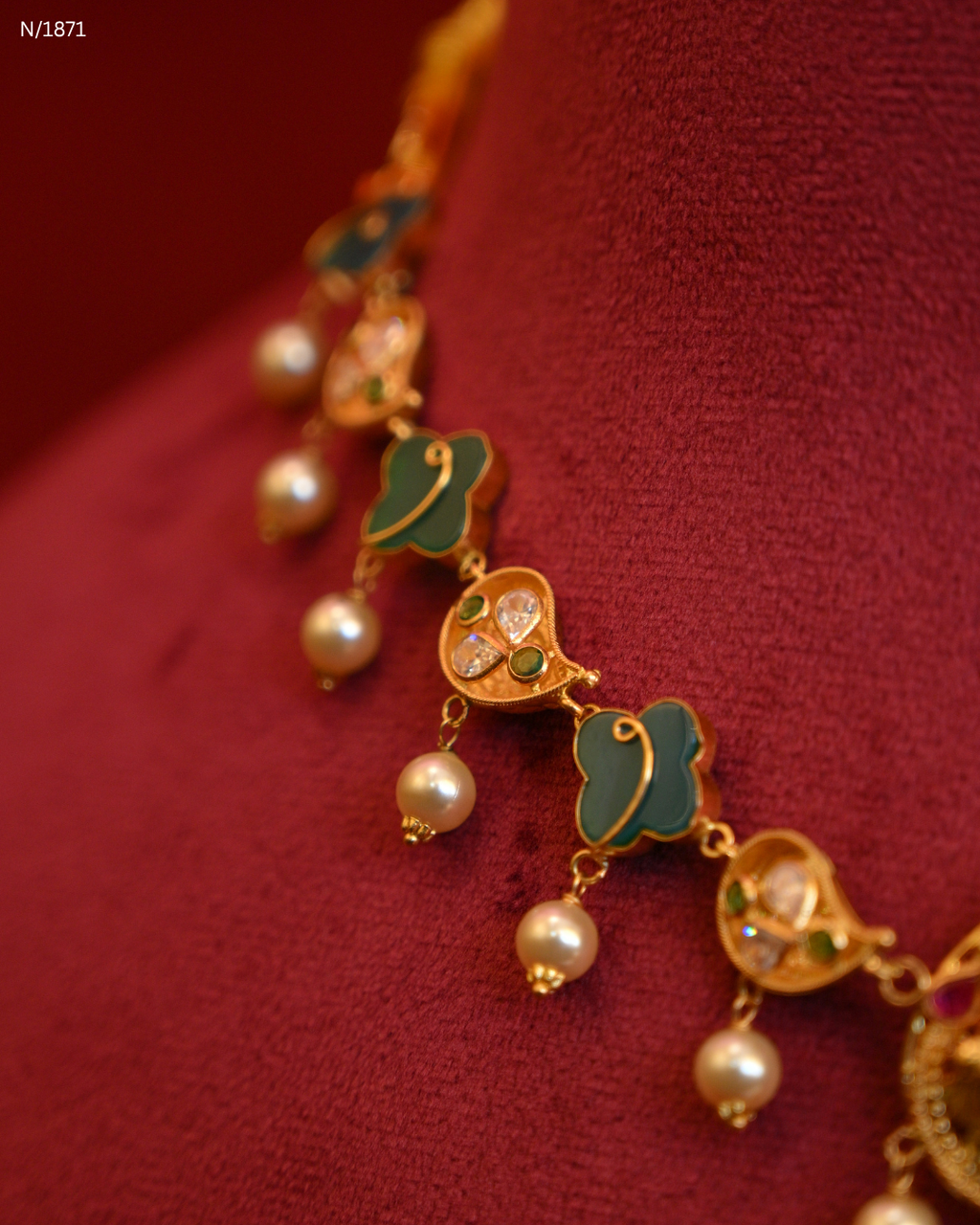 Goddess Lakshmi Temple Necklace with Green Enamel Mango Stations, Polki/CZ Accents & Hanging Pearls | SKU: N/1871