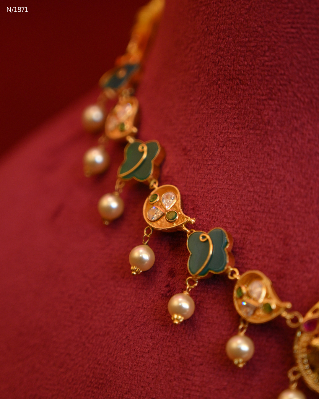 Goddess Lakshmi Temple Necklace with Green Enamel Mango Stations, Polki/CZ Accents & Hanging Pearls | SKU: N/1871