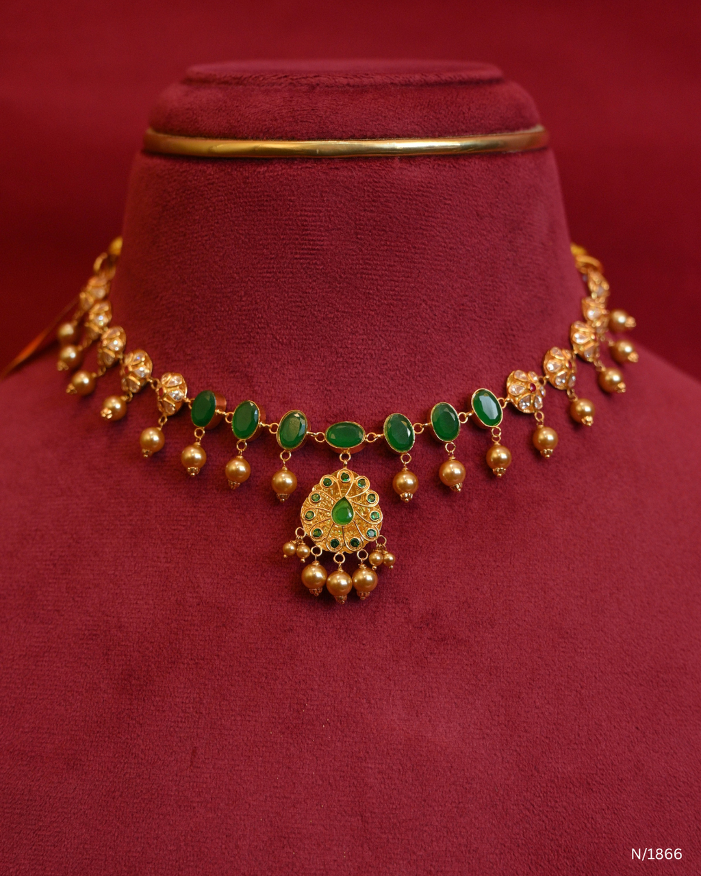 Traditional Ruby Kasu Temple Choker Necklace with Gold Bead Dangles | SKU: N/1866