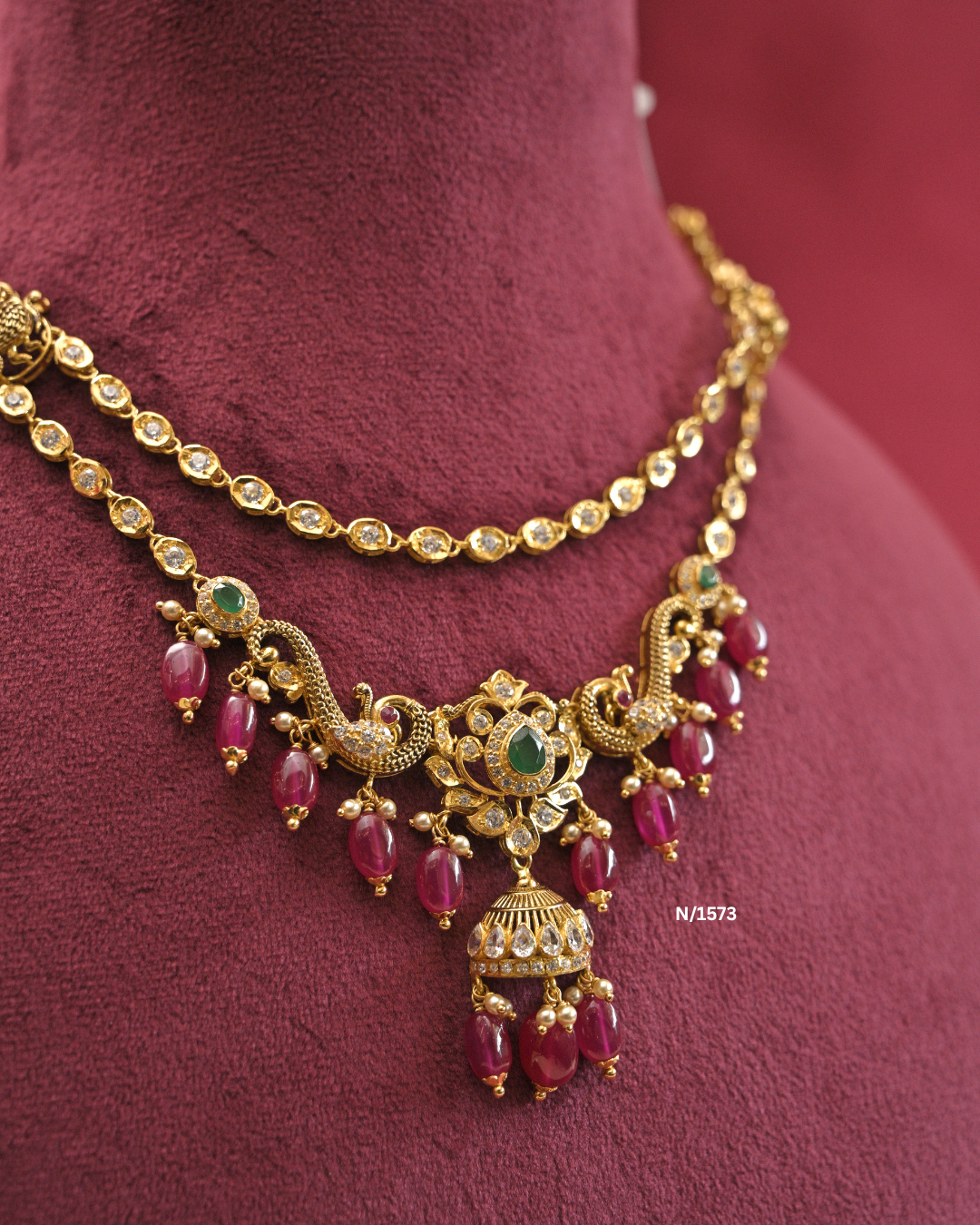 22kt Gold Peacock & Jhumka Step Necklace with Ruby Ovals | 21.480g | SKU: N/1573