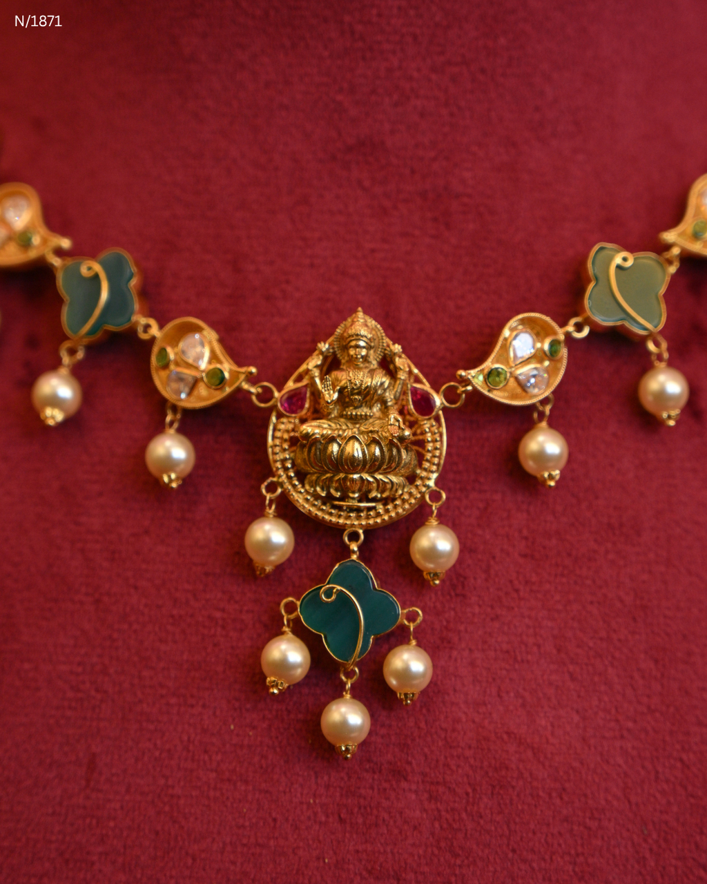 Goddess Lakshmi Temple Necklace with Green Enamel Mango Stations, Polki/CZ Accents & Hanging Pearls | SKU: N/1871