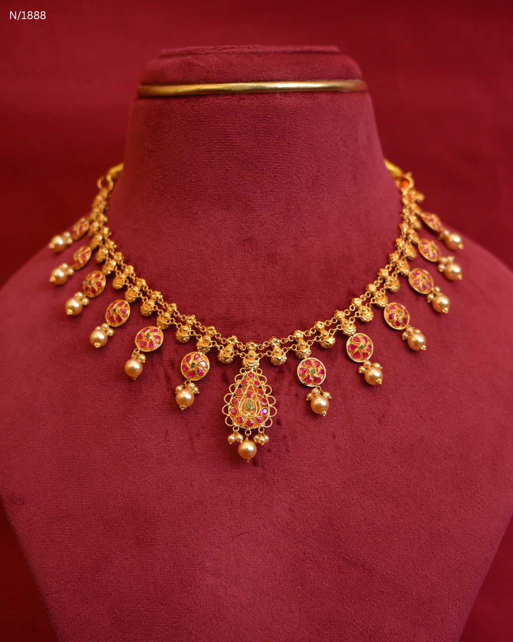 Traditional Lakshmi Kasumala Temple Necklace with Central Filigree Medallion & Pearl Drops | SKU: N/1888