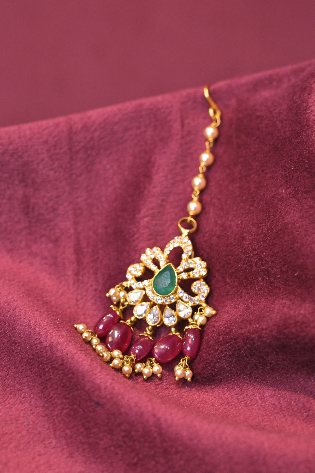 Emerald Green Teardrop Maang Tikka with Ruby Bead Drops