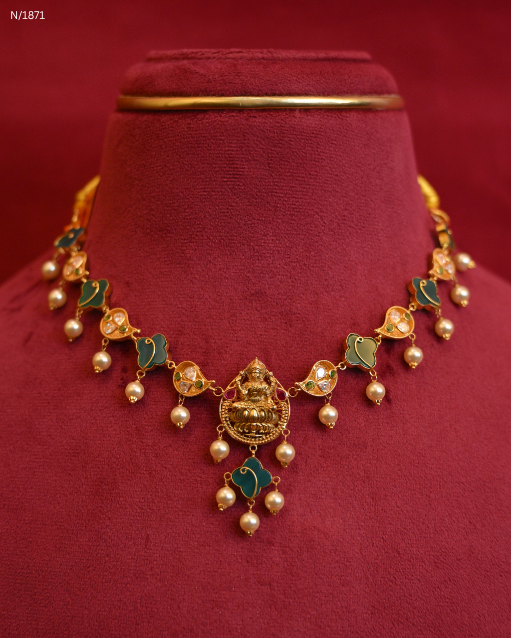 Goddess Lakshmi Temple Necklace with Green Enamel Mango Stations, Polki/CZ Accents & Hanging Pearls | SKU: N/1871