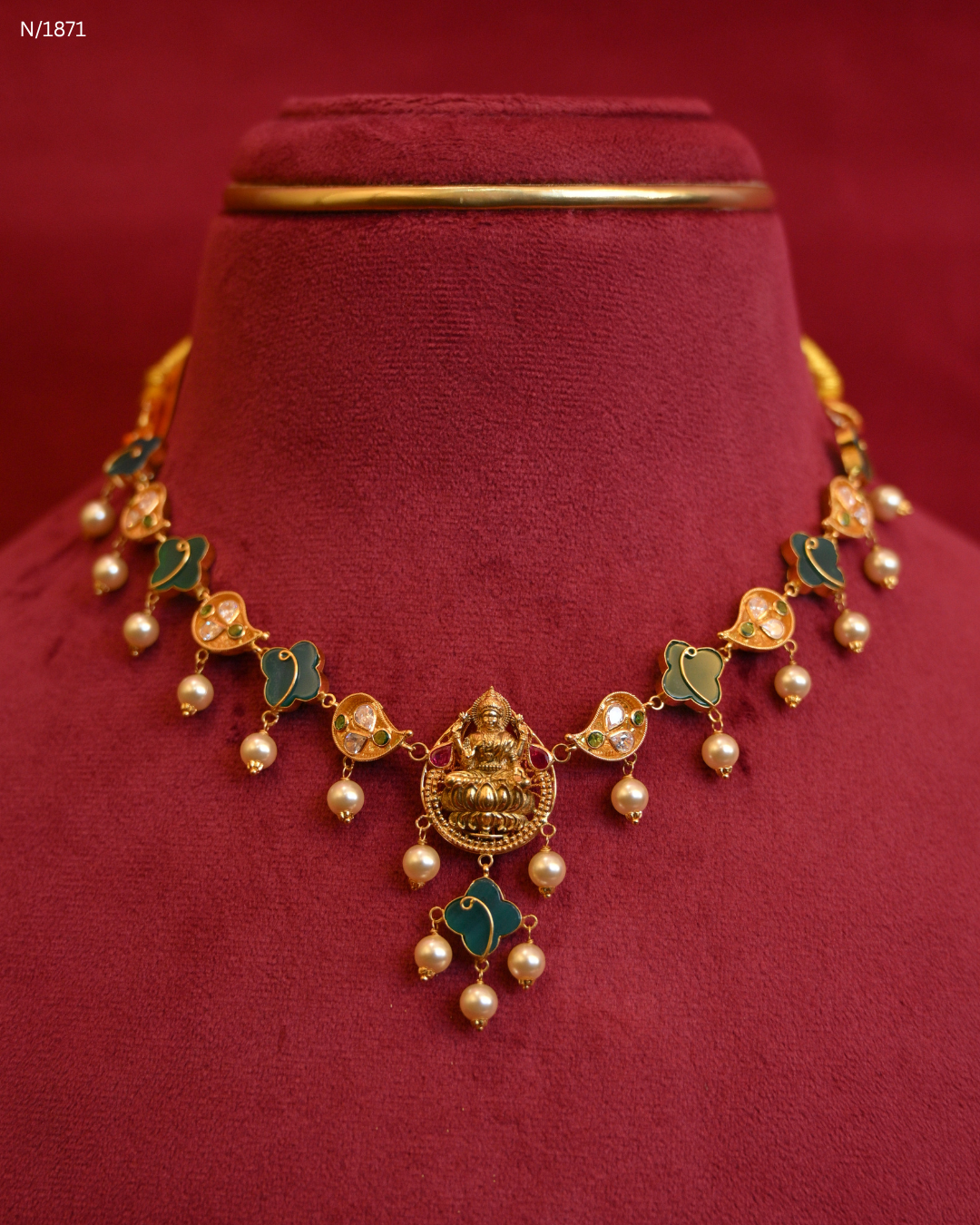 Goddess Lakshmi Temple Necklace with Green Enamel Mango Stations, Polki/CZ Accents & Hanging Pearls | SKU: N/1871