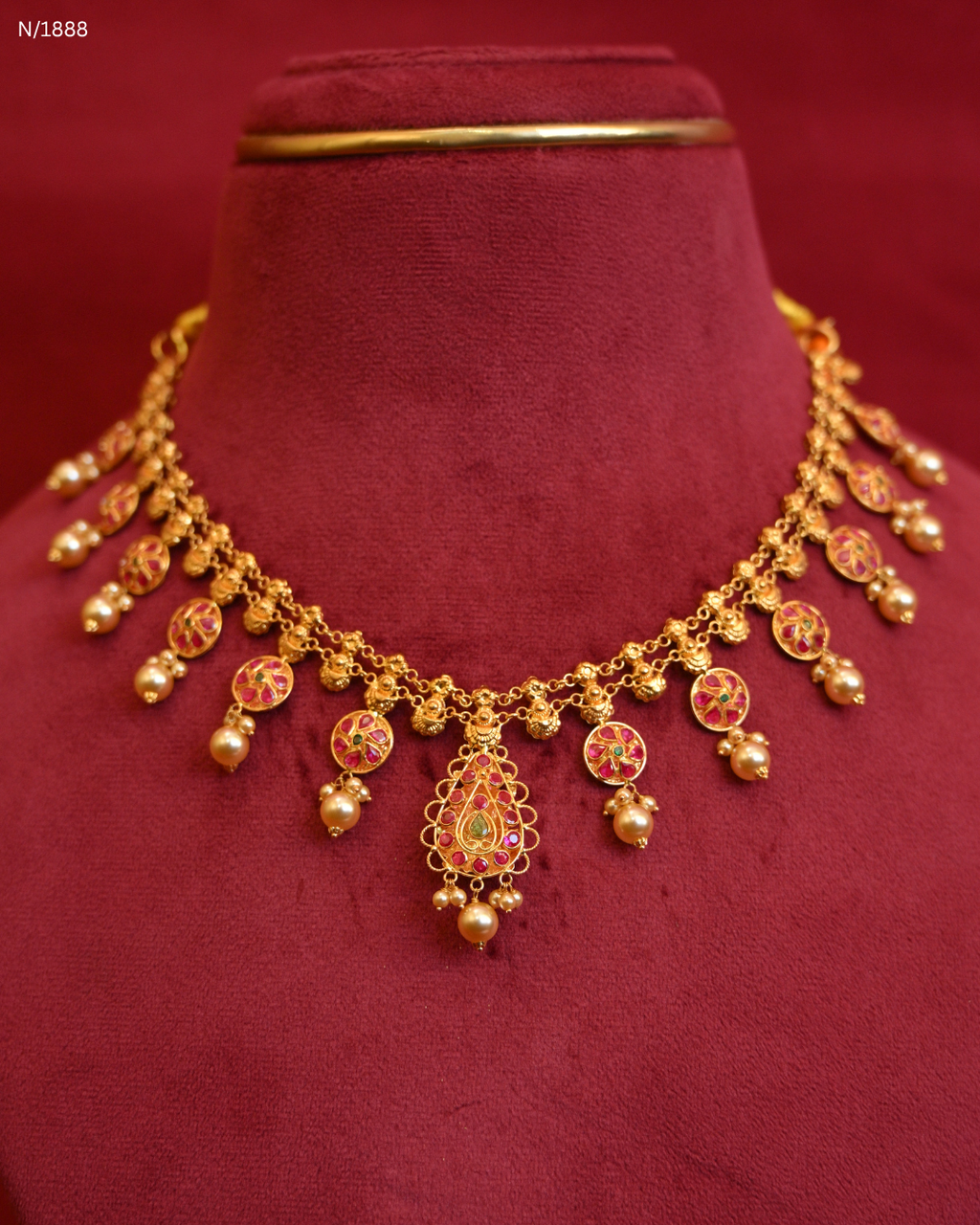 Traditional Lakshmi Kasumala Temple Necklace with Central Filigree Medallion & Pearl Drops | SKU: N/1888