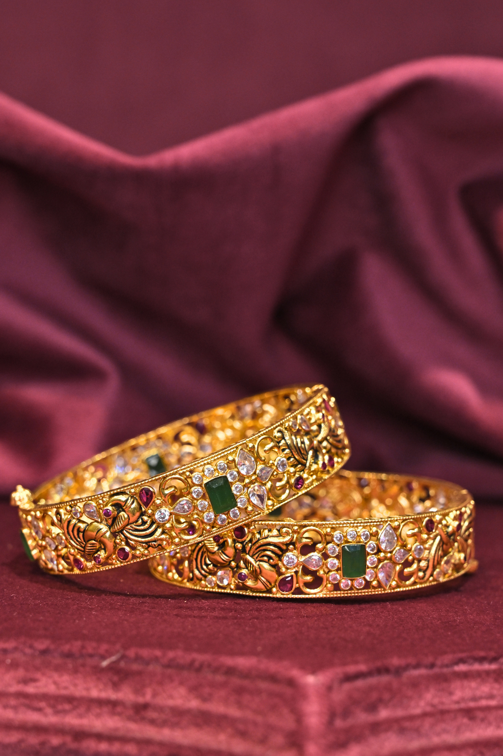 Peacock Motif Emerald Accent Designer Bangle Set