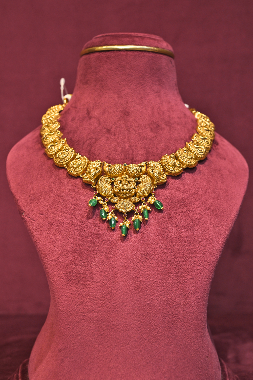 Lakshmi Peacock Temple Choker Necklace with Emerald Drop Accents