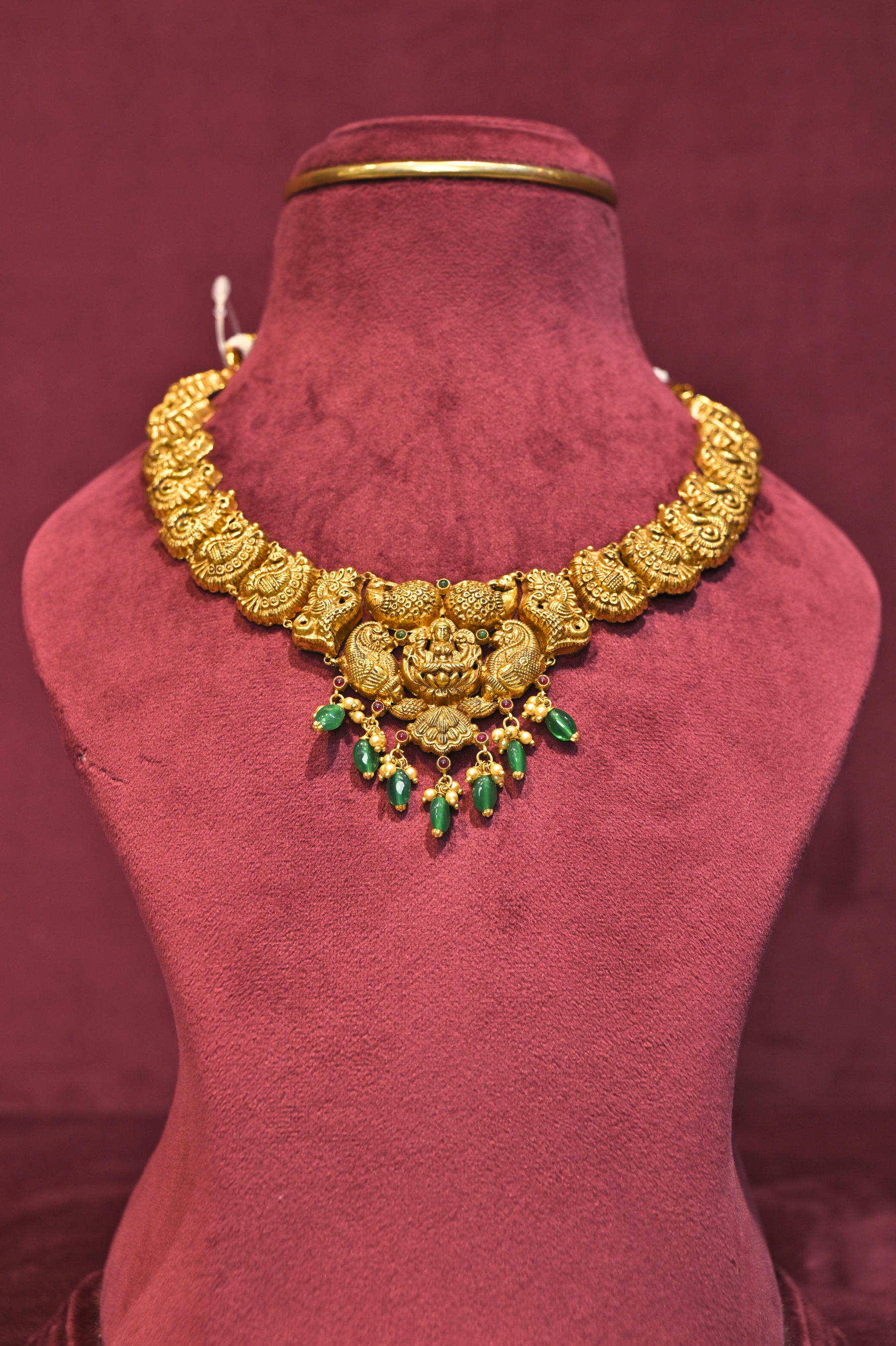 Lakshmi Peacock Temple Choker Necklace with Emerald Drop Accents