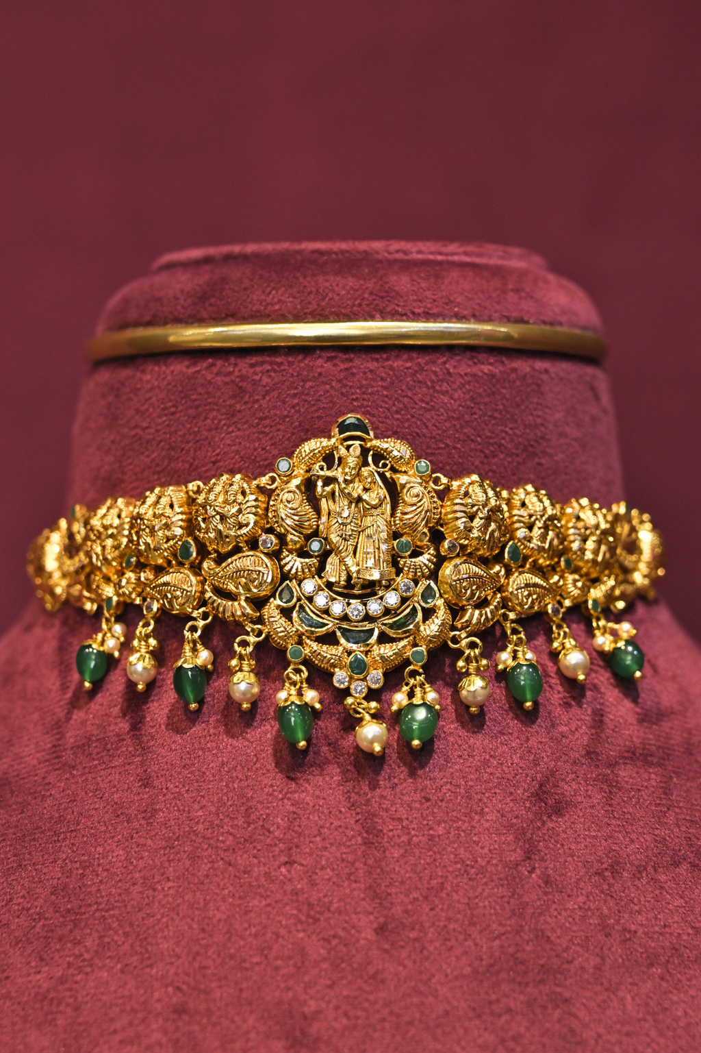 Radha Krishna Temple Choker Necklace with Emerald Bead Drops