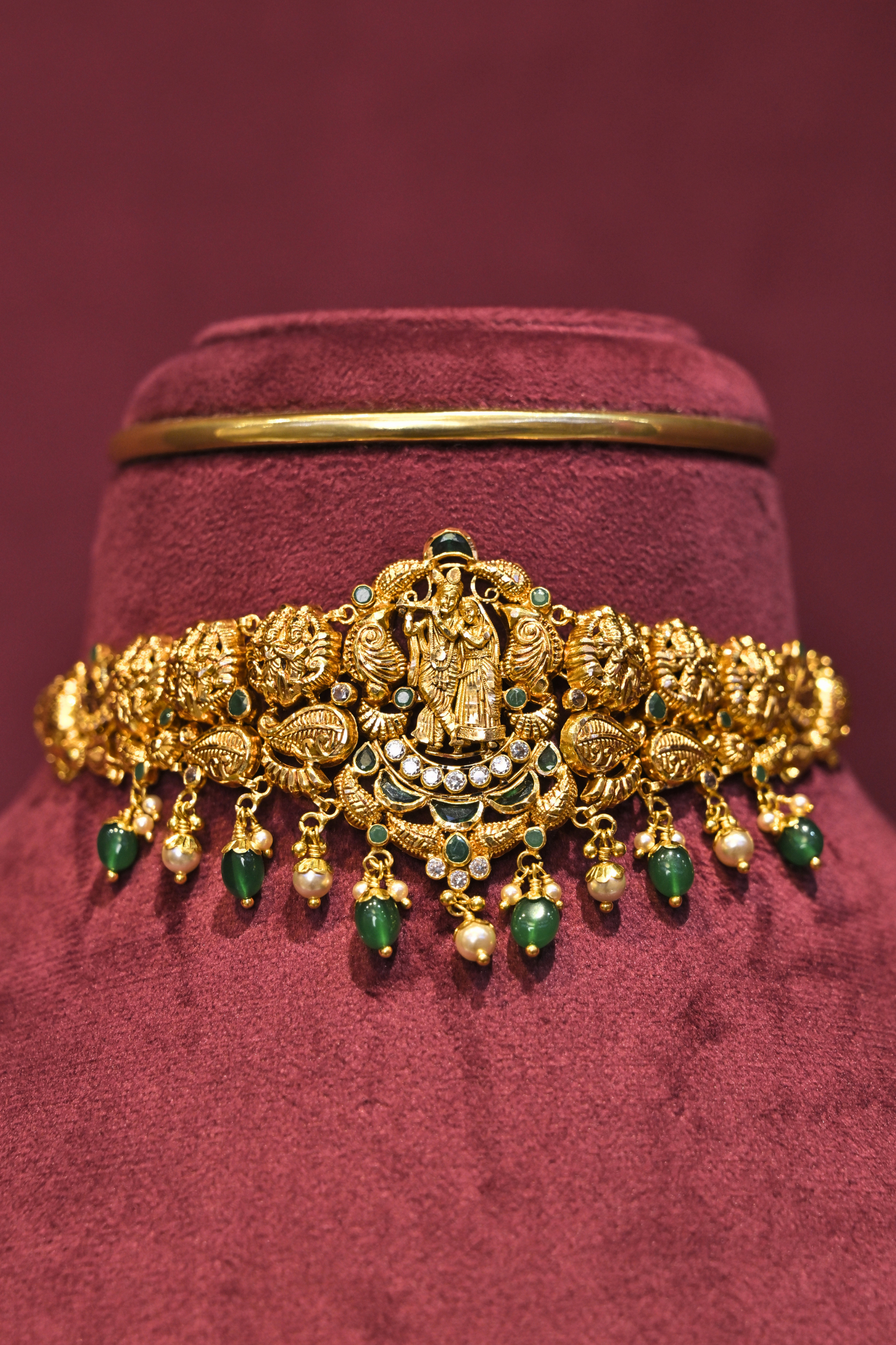 Radha Krishna Temple Choker Necklace with Emerald Bead Drops