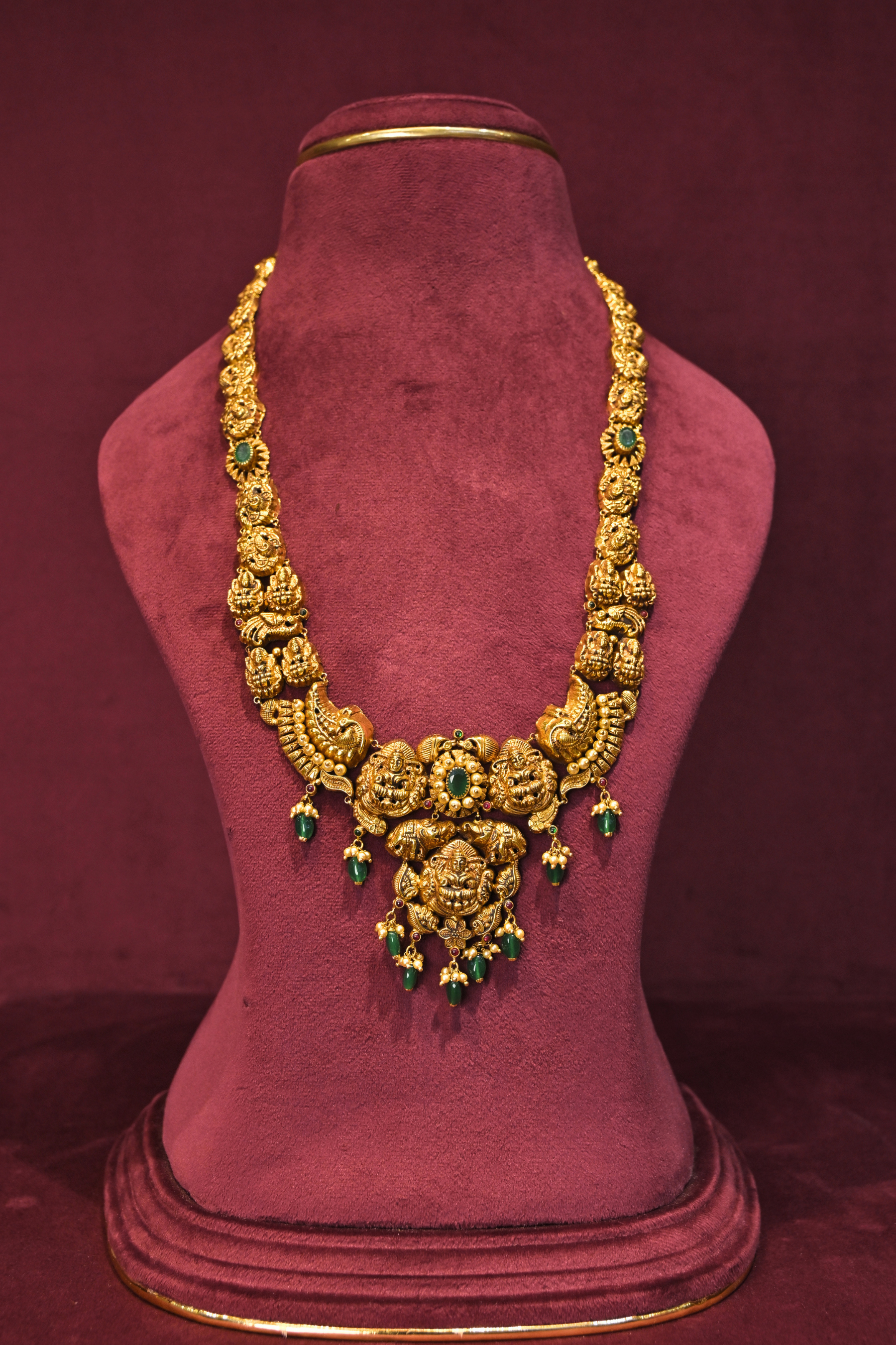Lakshmi Temple Haram Necklace with Emerald Drop Accents