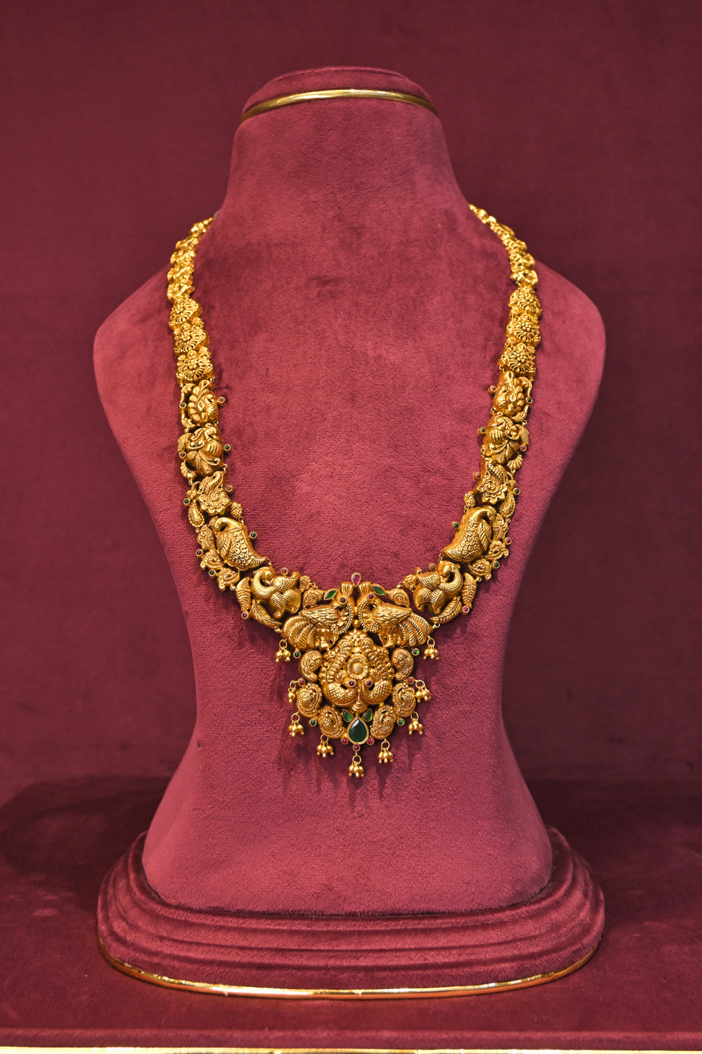 Peacock Heritage Temple Haram Necklace with Grand Floral Pendant