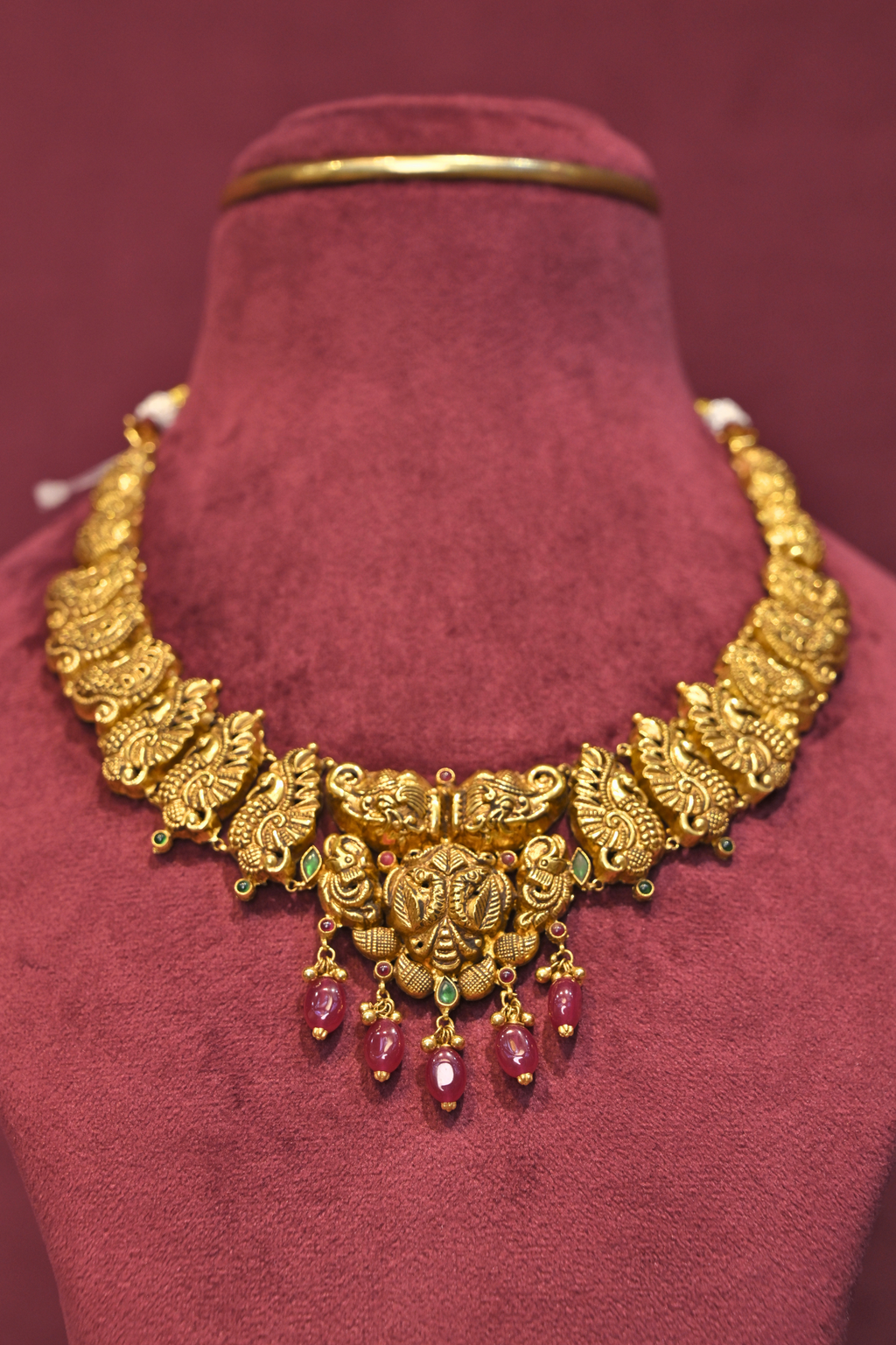 Peacock Temple Choker Necklace with Ruby Drop Accents