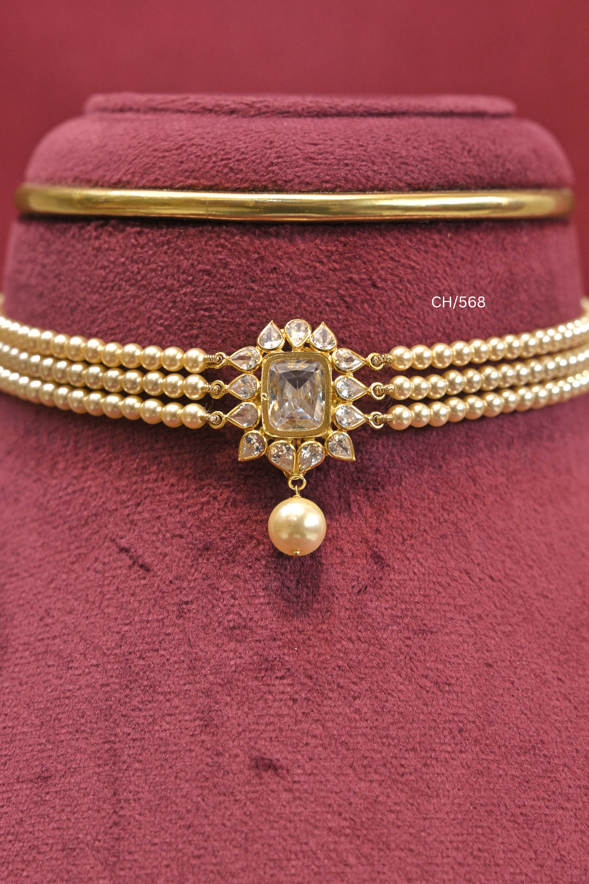 Three-Strand Pearl Choker with Radiant-Cut Solitaire Pendant | SKU: CH/568