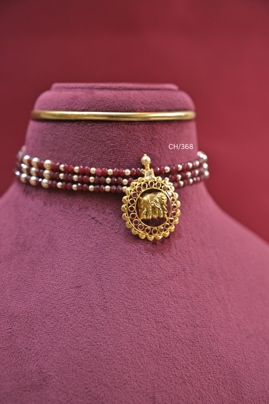 Three-Strand Ruby Bead Choker with Royal Elephant Medallion | SKU: CH/368