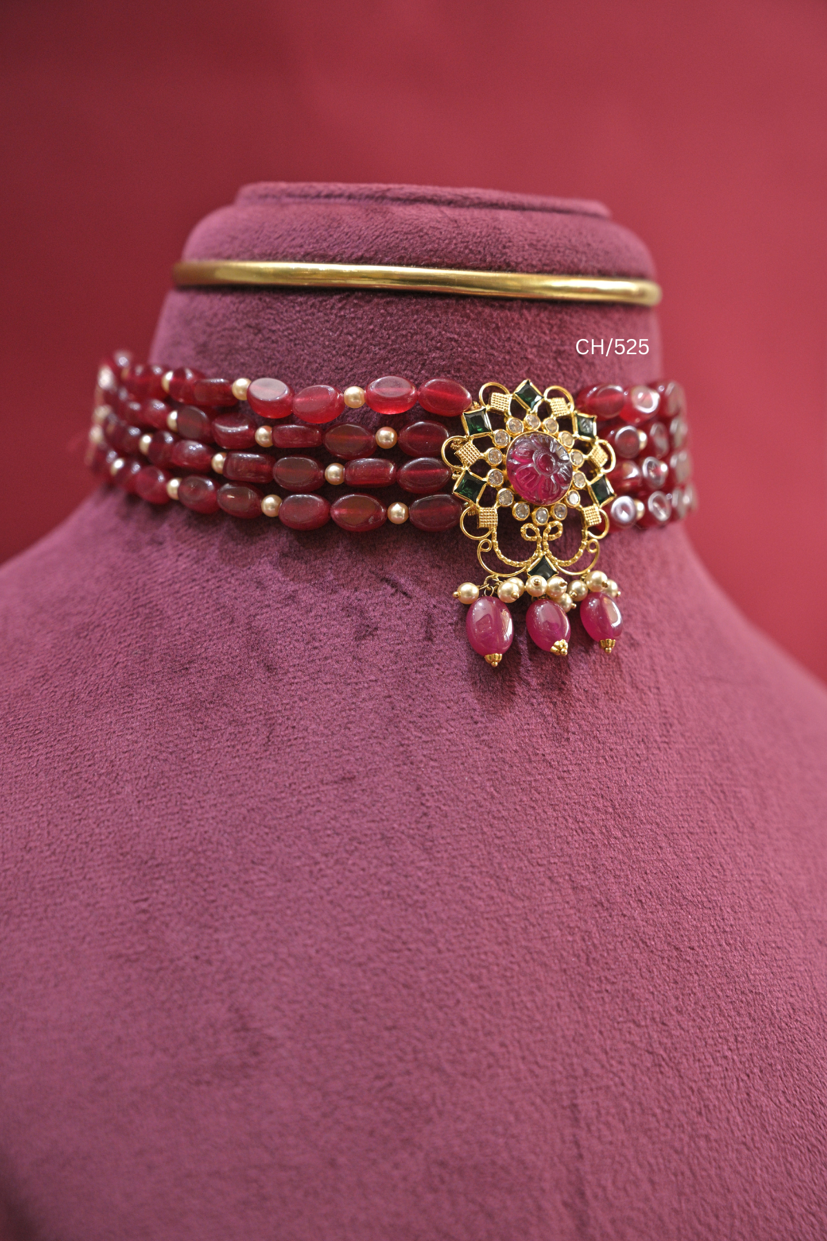 Ruby-Red Oval Bead Choker with Carved Gemstone Medallion | SKU: CH/525