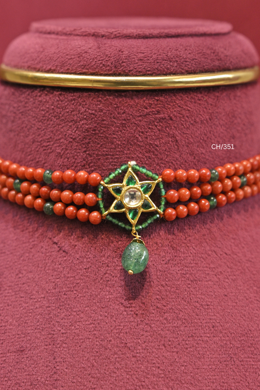 Coral-Red Bead Choker with Kundan Starburst Pendant | SKU: CH/351