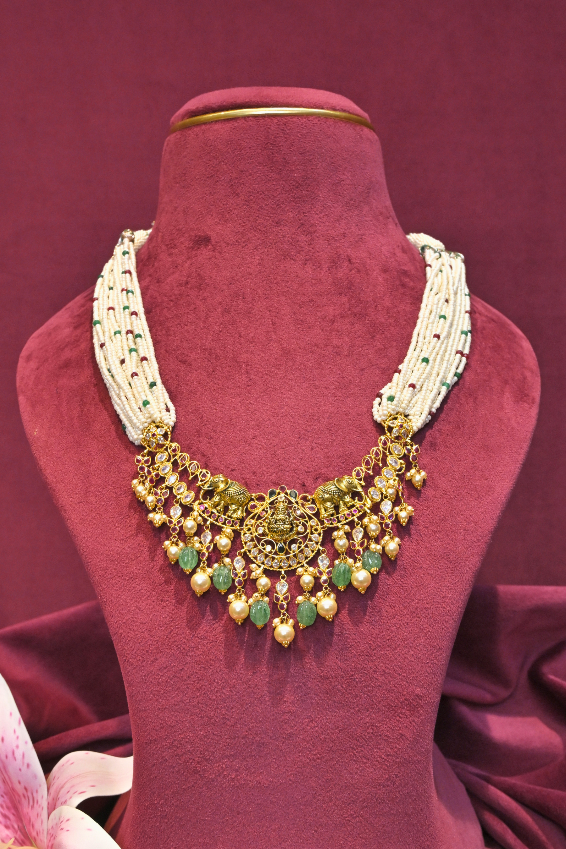 Lakshmi Pearl Multi-Strand Kundan Necklace with Emerald Drops