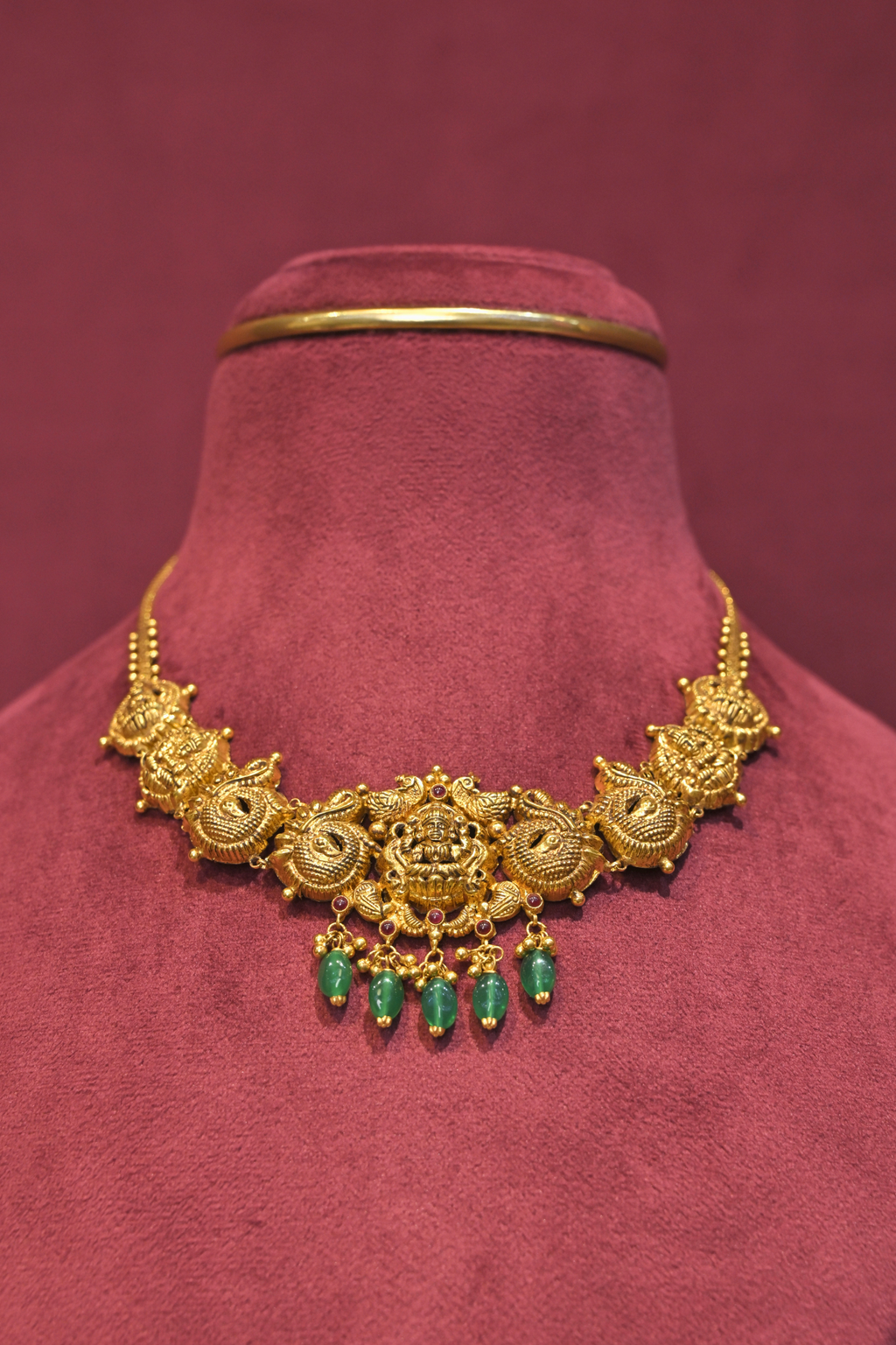 Lakshmi Temple Necklace with Emerald Bead Drops