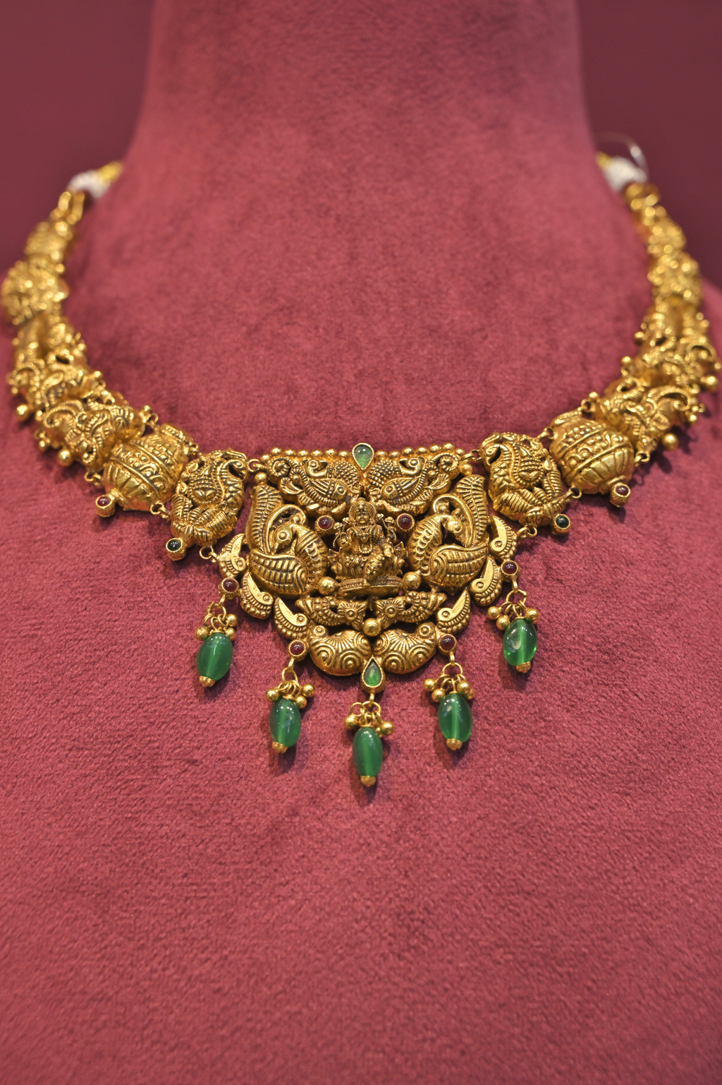 Mahalakshmi Peacock Temple Necklace with Emerald Drops