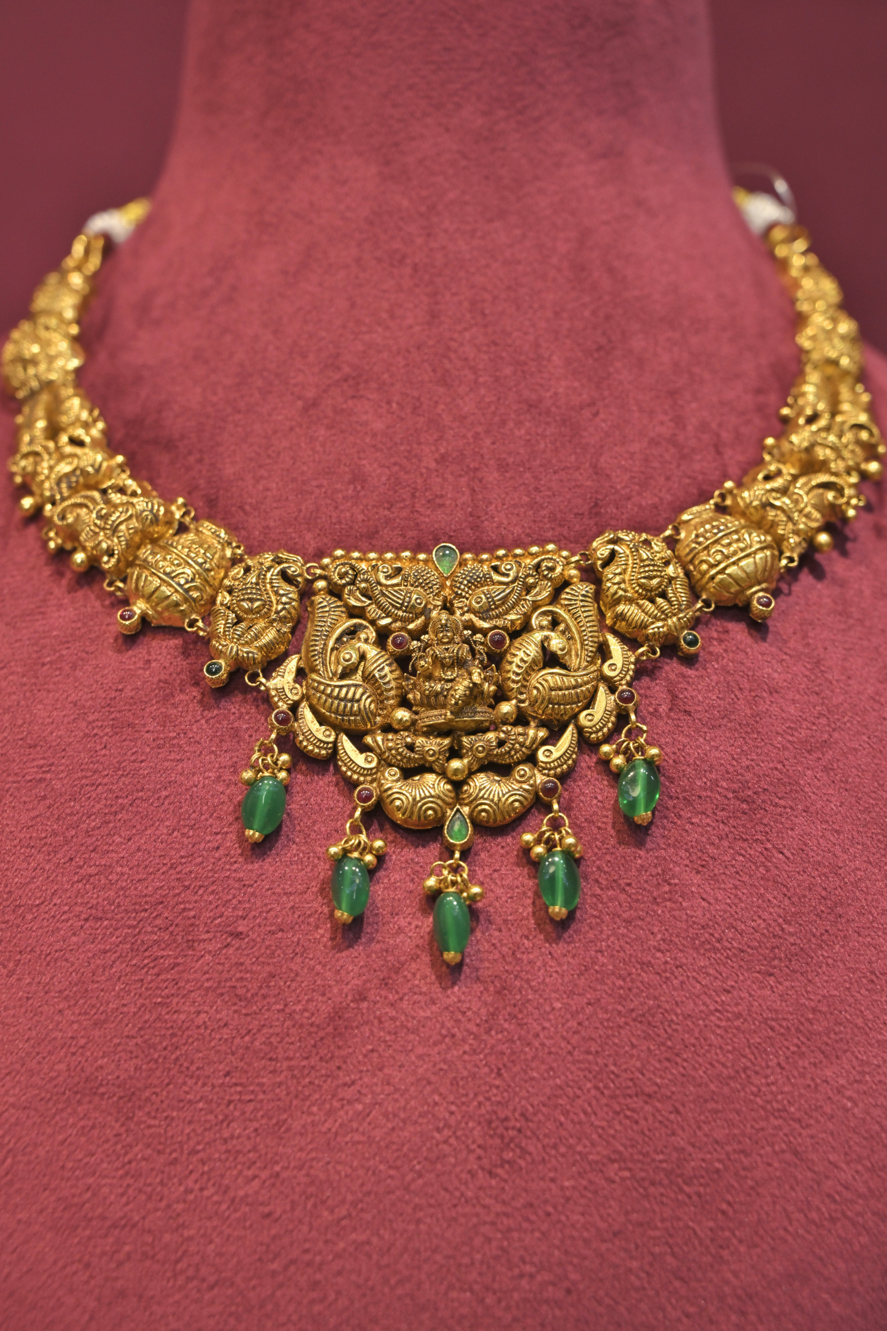 Mahalakshmi Peacock Temple Necklace with Emerald Drops