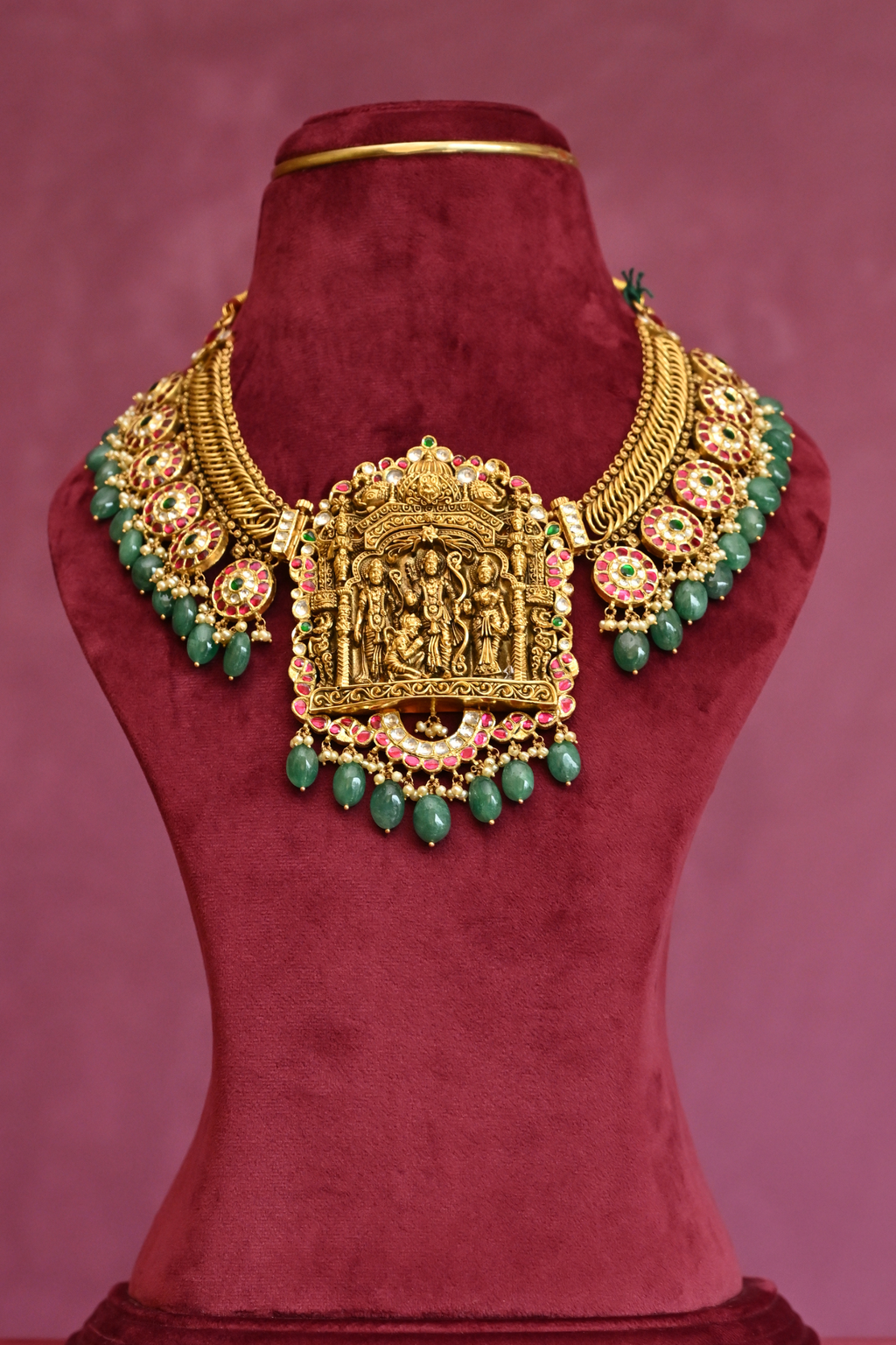 Ram Darbar Temple Necklace with Emerald Drops