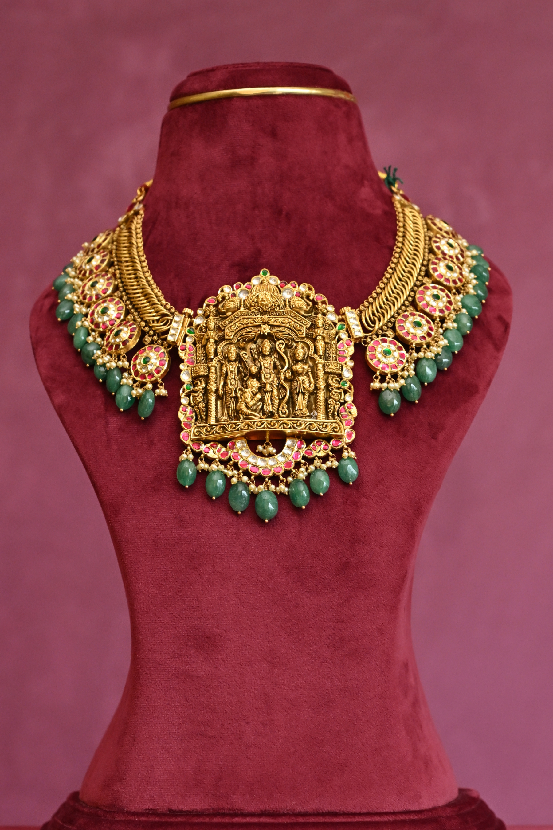 Ram Darbar Temple Necklace with Emerald Drops